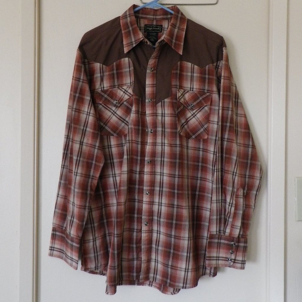 Man's western LS shirt plaid L - shades of brown with dark brown yokes